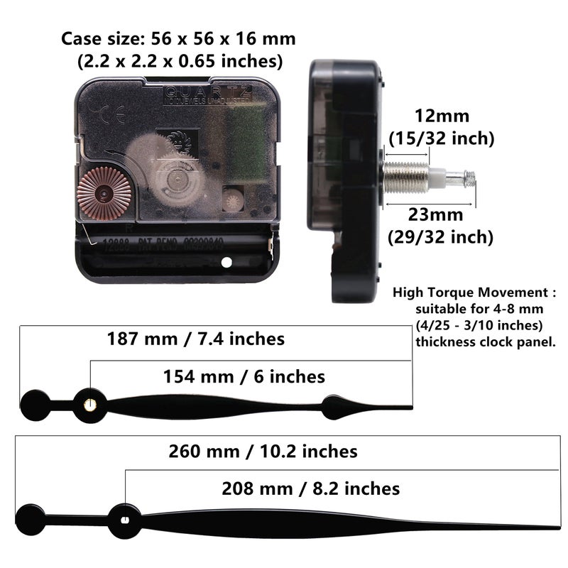 TIKROUND Quartz DIY Wall Clock Movement Mechanisms Battery Powered DIY Repair Parts Replacement with 260 mm/ 10.2 Inch Long Spade Hands,3/10 Inch Maximum Dial Thickness,29/32 Inch Total Shaft Length. - Image 2